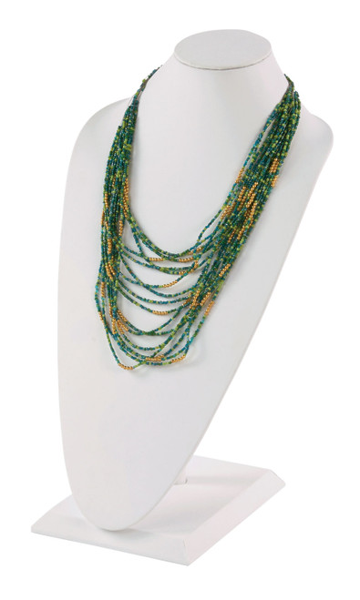 An image of the tall necklace display in white faux leather